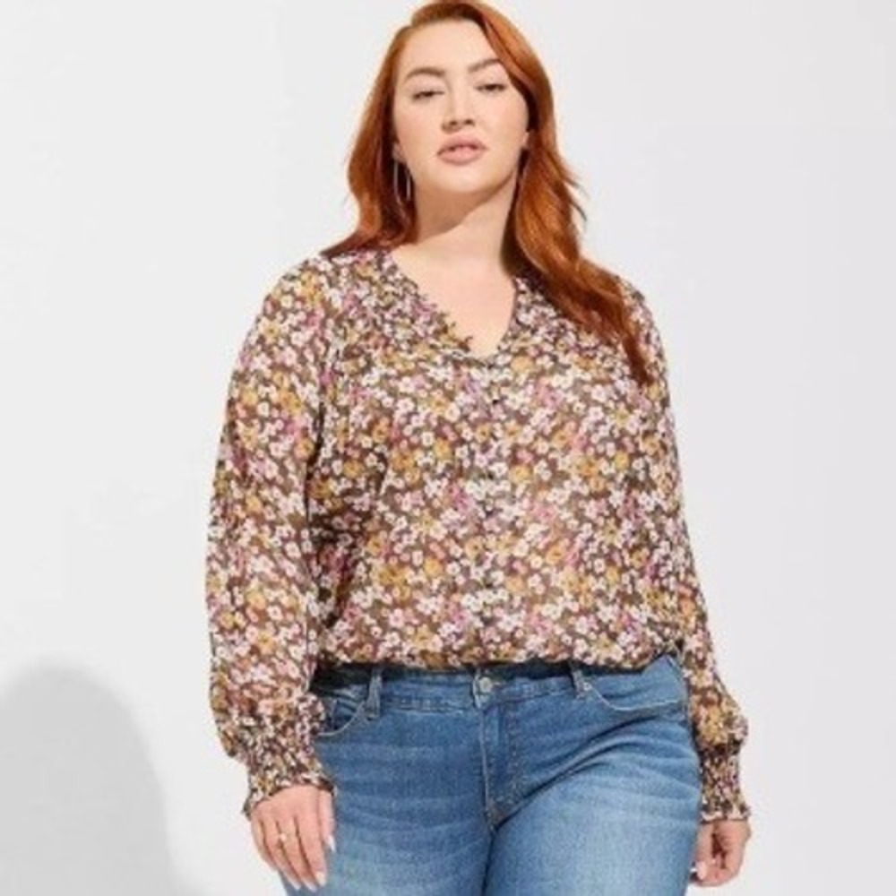 Torrid Floral Chiffon Button Front Blouse Burgundy Gold Metallic‎ Lurex Size 1